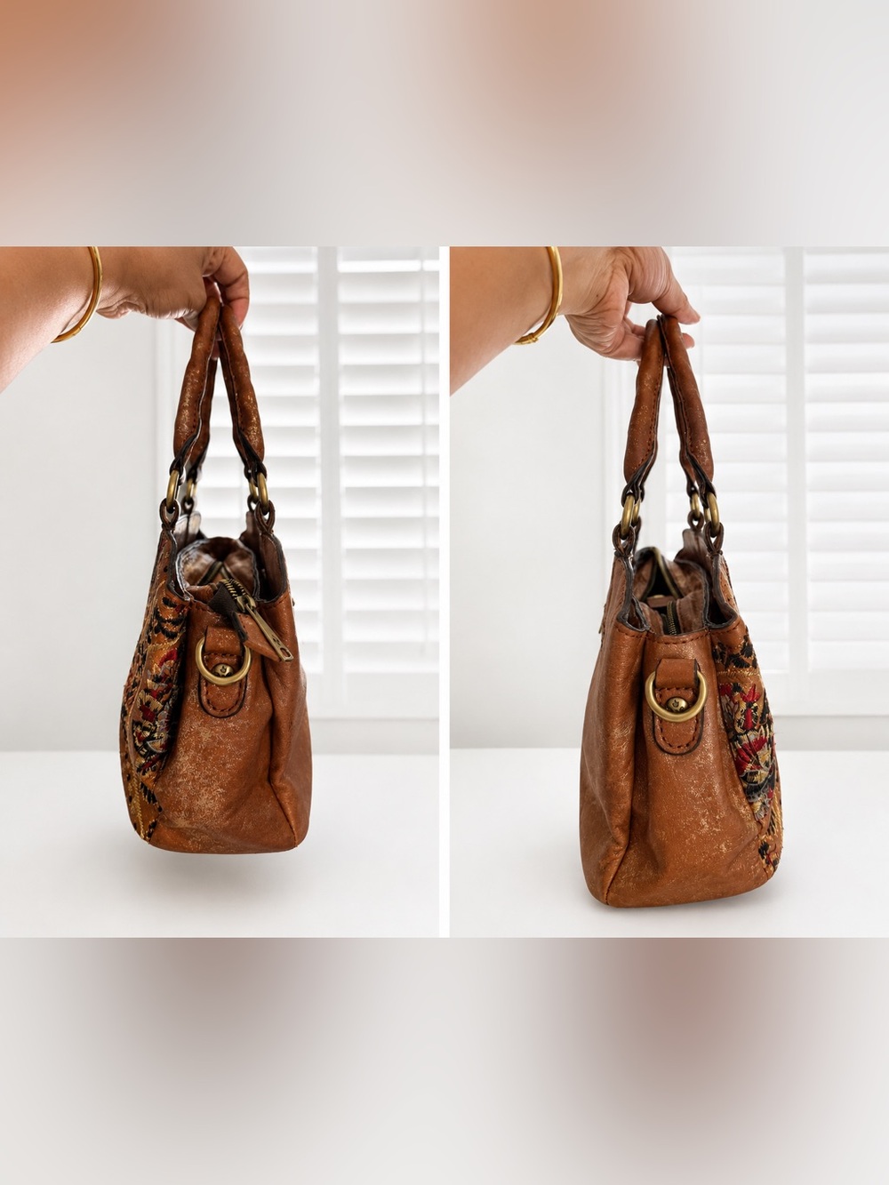 PATRICIA NASH Angelin Italian Leather Embroidered Gold Foil Satchel Bag EUC - Picture 4 of 8